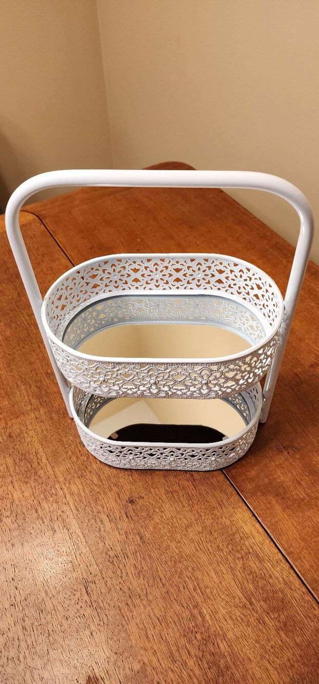 Two tire white metal floral mirrored organizer for bathroom crafts jewelry